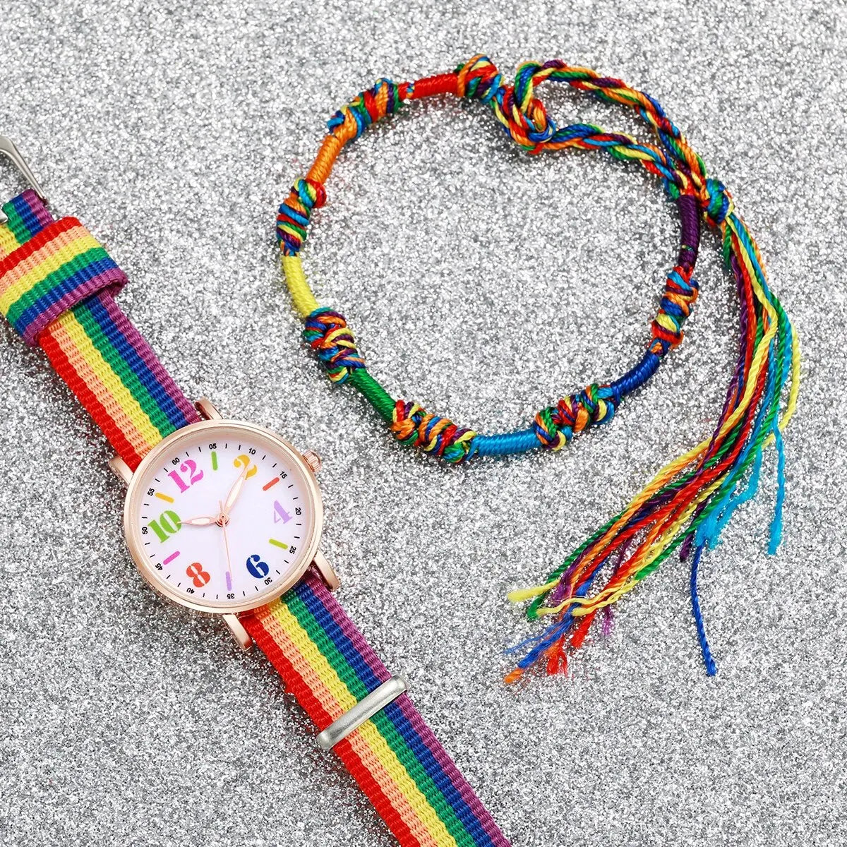 Pride Day Rainbow Watch Bracelet Set For Women Girls Colorful Large Number Dial Nylon Strap Quartz Wrist Watch Student Casual Gi Qme