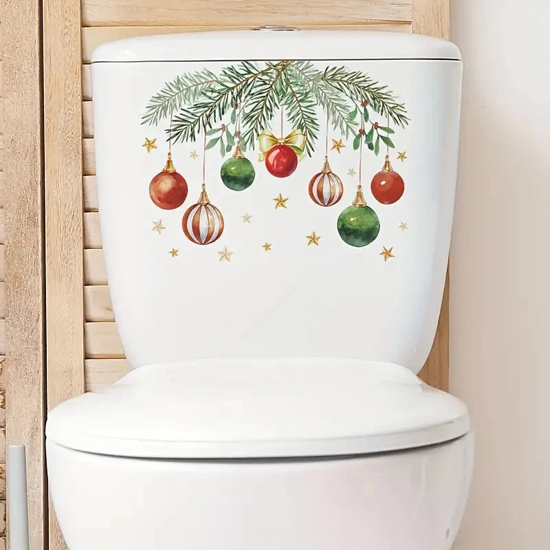 1pc New Toilet Stickers Christmas Green Plants Pattern Self-adhestive Decal Festive Home Decor for Kids Bathroom Qme 1PC