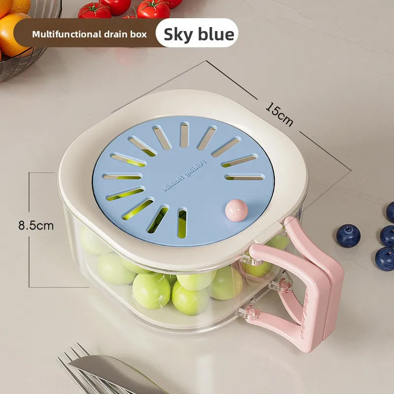 2-in-1 Vegetable Washing Basin Home Double-layer Fruit Lid Drain Qme Blue