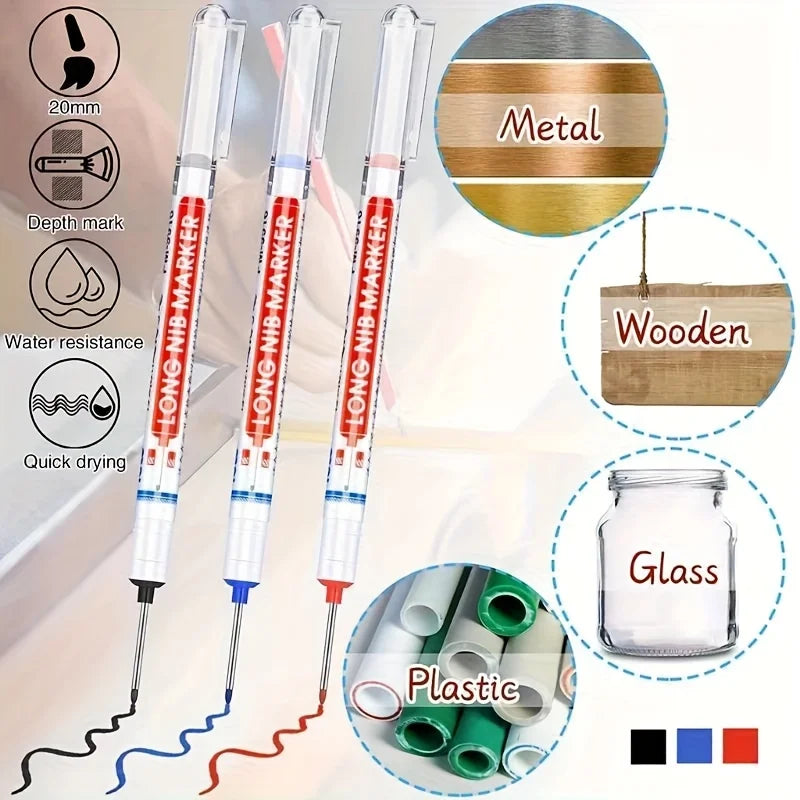 12Pcs/Set Multi-Purpose 20mm Deep Hole Long Nib Head Marker For Metal Perforating Pen Waterproof Bathroom Woodworking Decor Tool Qme