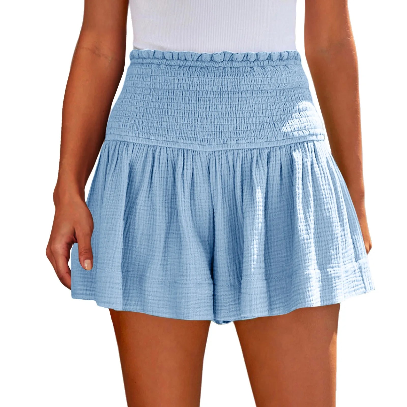 Ladies’ Large Sized High Waist Casual Soft Solid Color Breathable Fashion Wide Leg Shorts Summer Elastic Waist Pleated Trousers Qme Sky Blue L