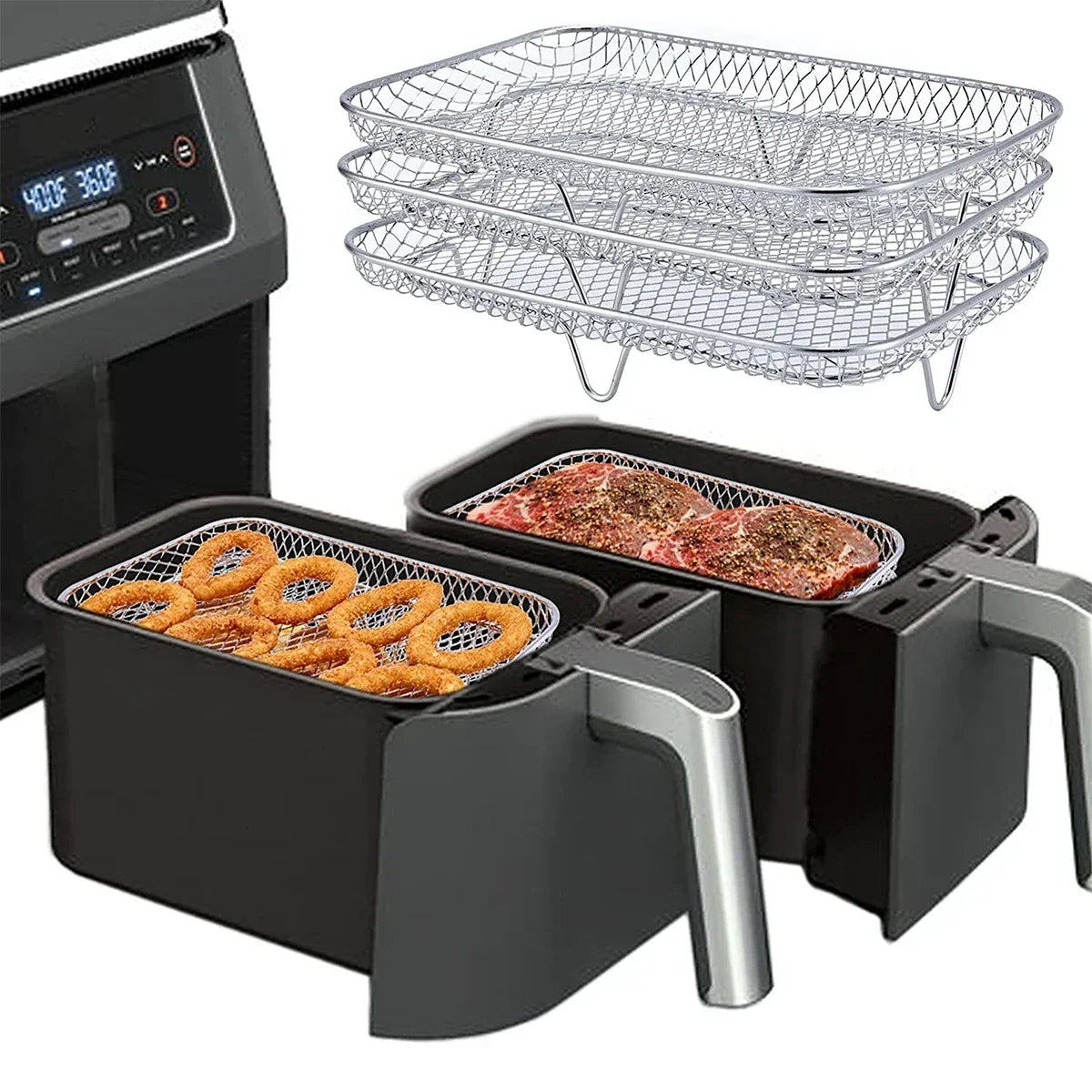 Three Stackable Air Fryer Rack Ovens Racks Stainless Steel Basket Tray Air Fryer Accessories Kitchen Gadgets Baking Tools Qme