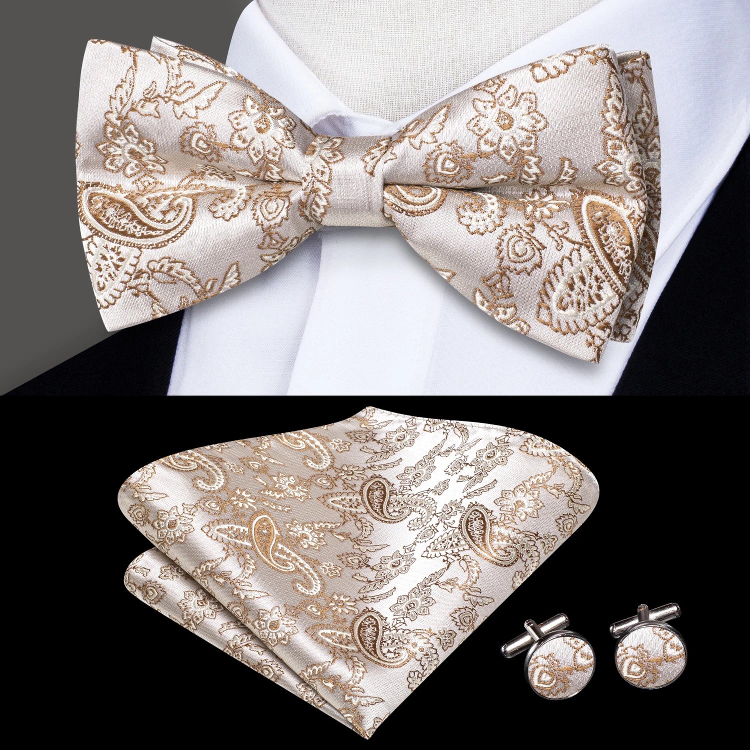 Hi-tie Grey Plaid Jacquard Pre-tied Mens Bow Tie Hanky Cufflinks