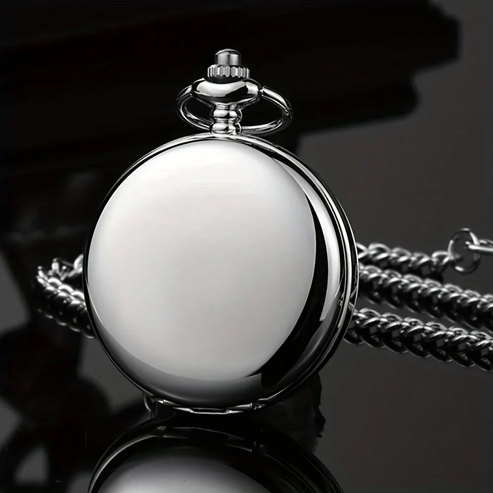 Smooth Steel Quartz Pocket Watch, Vintage Roman Number Dial Watch Qme