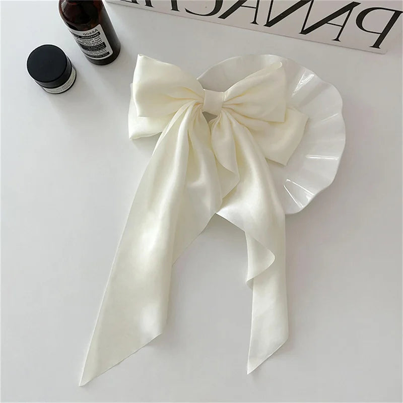 Elegant Bow Ribbon Hair Clip Fashion Simple Solid Satin Spring Pin Qme white