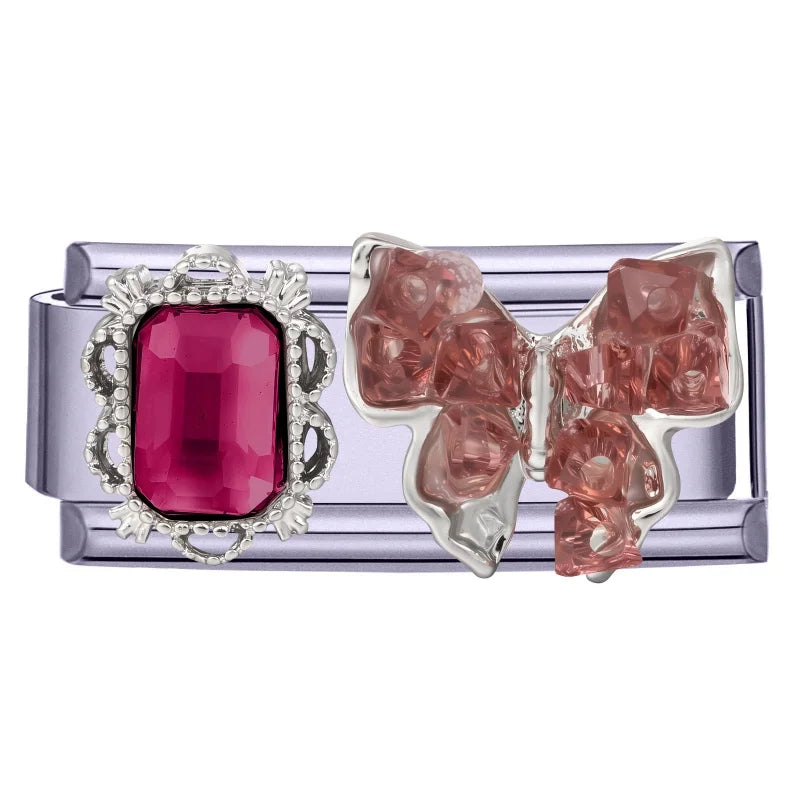 Fashion Purple Pink Butterfly Heart Crown Cherry Zircon Italian Charm Link Fit 9mm Bracelet Stainless Steel Men Women DIY Making Qme Style 7