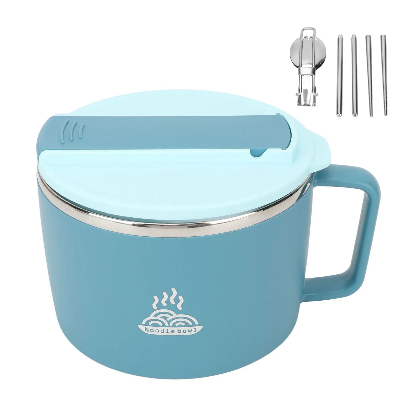 1200ml Stainless Steel Ramen Bowl with Lid Chopsticks Spork Portable Noodle Cup 304 Steel Food Container for Office School Qme Blue