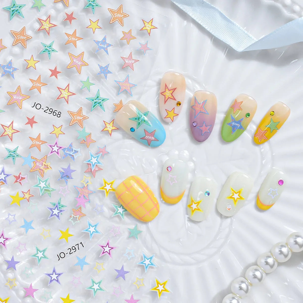 Dopamine Star Nail Stickers, Hollow 5 Point Star Self Adhesive Decals, Colorful Rainbow Starburst Nail Art for DIY Manicure Qme