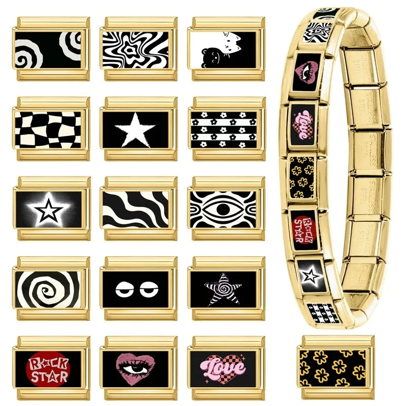 Drop Shipping Y2K Love Heart Eyes Lips Cats Flowers Golden Italian Charm Fit 9mm Stainless Steel Bracelet Wholesale Jewelry Gift Qme