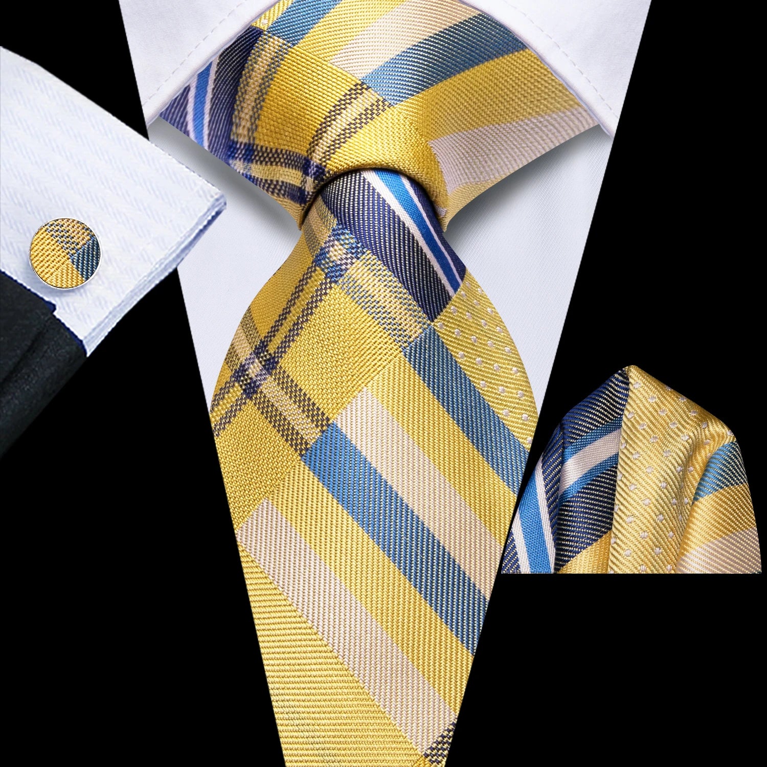 Hi-Tie Men Fashion Necktie Yellow Orange Brown Handkerchief Cufflinks for Tuxedo Accessory Classic Silk Luxury Gift Tie Qme HT-N-0210