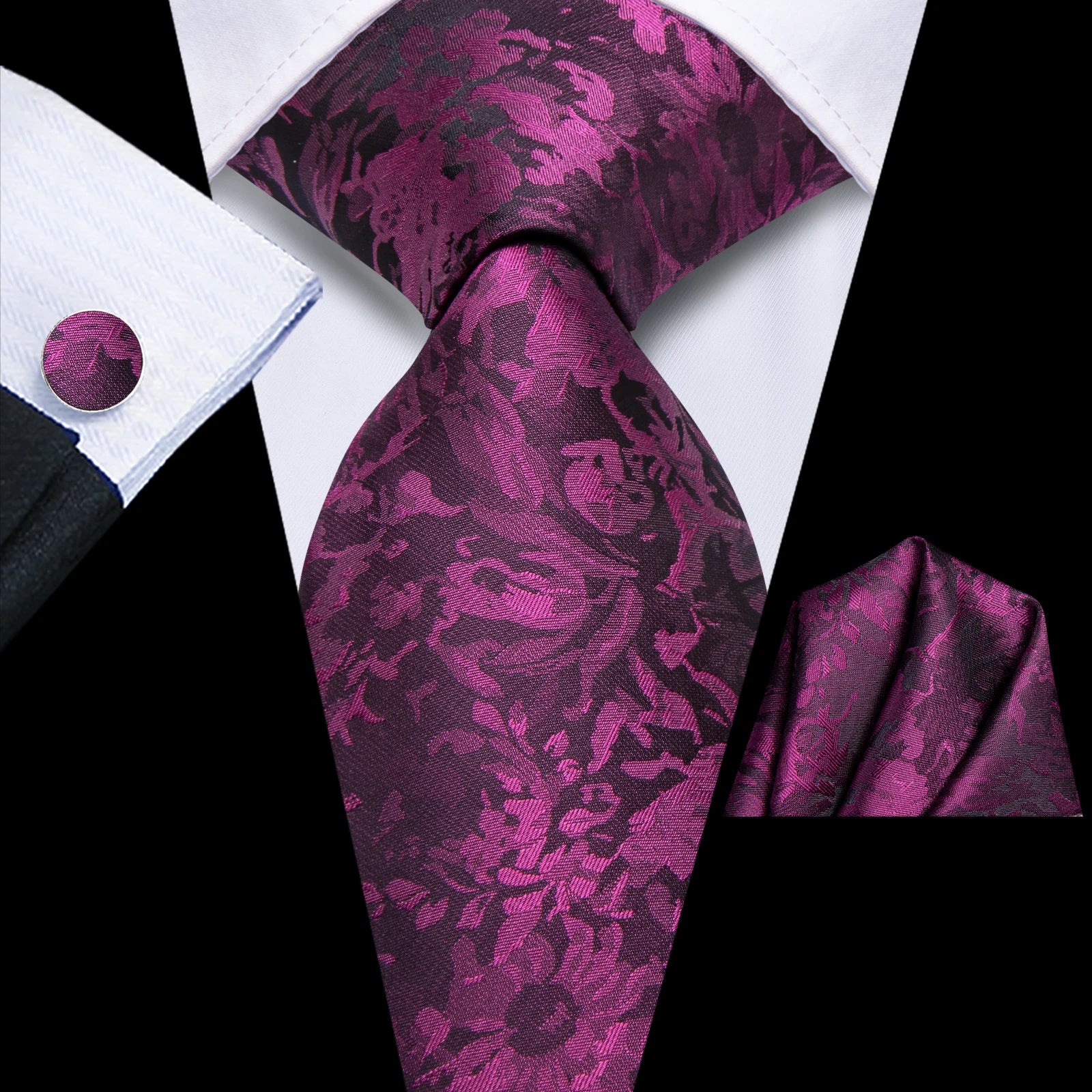 Hi-Tie Black Blue Orange Floral Mens Fashion Necktie Handkerchief Cufflinks for Tuxedo Classic Tie Man Gift Valentine's Day Qme HT-N-0064