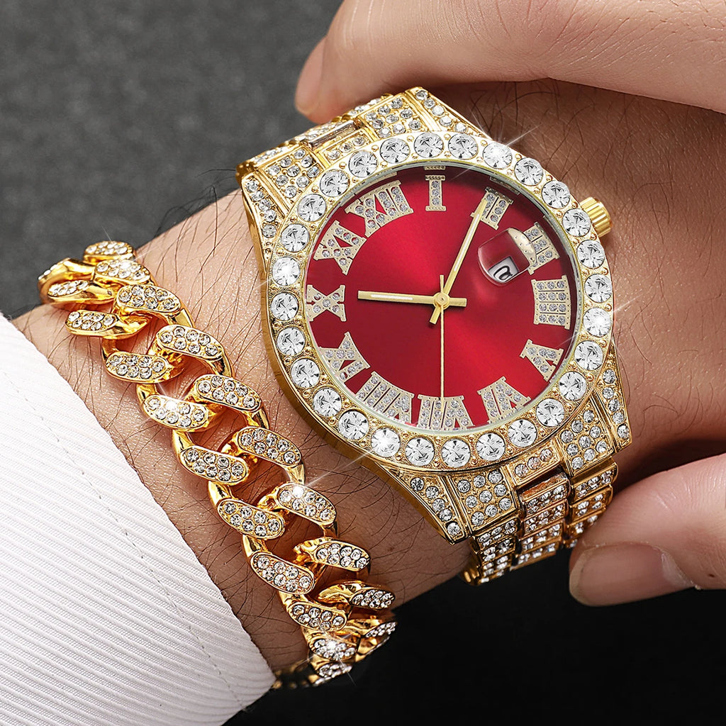 Men Iced Watch Set Red Crystal Cross Necklace Diamond Cuban Bracelet Qme