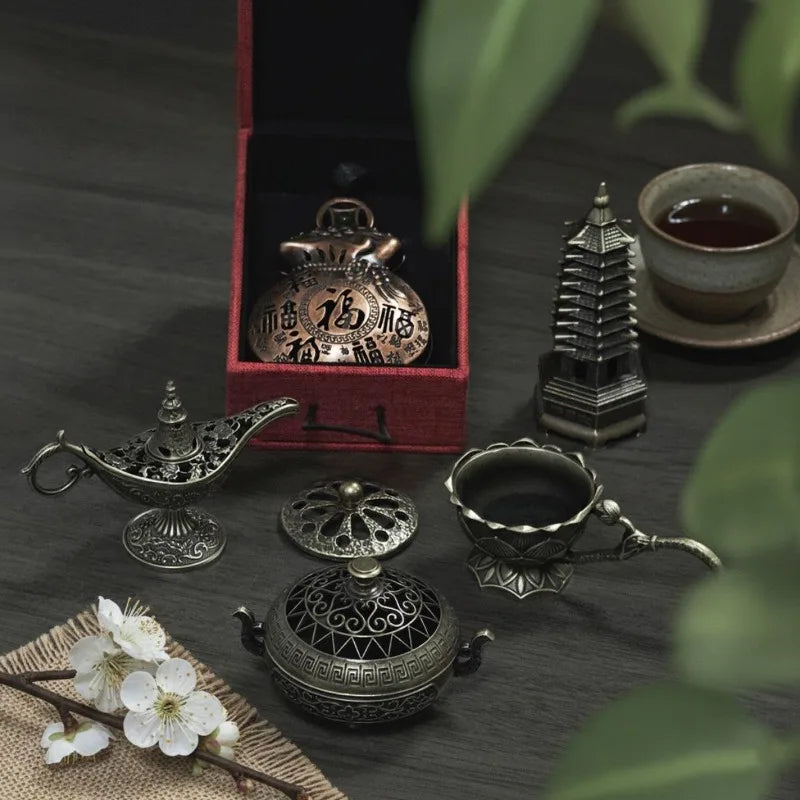 Mini Metal Incense Burner Retro Ornate Pagoda Fu Pouch Lotus Styles Qme
