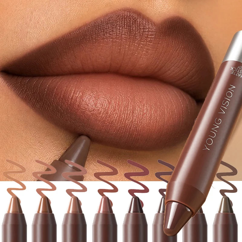 3-in-1 Matte Lip Pencil Crayon, Chocolate Brown Velvet Smooth Lip Liner, LongLasting Waterproof Lipstick for Ombre Gradient Lips Qme