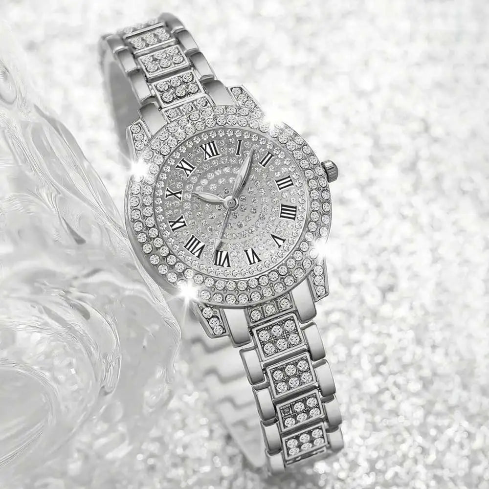 4 Pieces Fashionable Luxury Women's Watch Set with Rhinestone Roman Numbers Round Dial Watch Quartz Bracelet Perfect Gift Set Qme