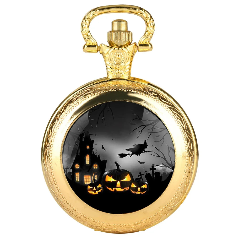 Pumpkin Witch Glass Dome Quartz Pocket Watch With Durable Chain Arabic Numeral Dial Halloween Gifts for Kids Qme Golden