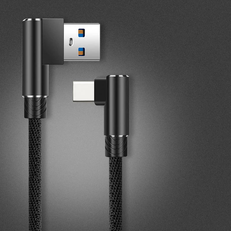 40W 5A USB To Type C Fast charge Weave Data Cable 90 Degree Phone Charger Cable For iPhone Xiaomi Huawei USB Charging Data Wire Qme black 0.25m