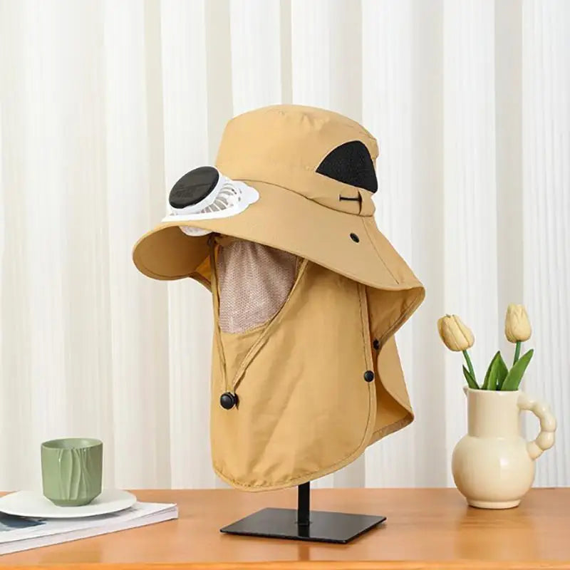 Men Fan Hat Solar Panel Wide-brimmed Shawl Fishing USB Charging Qme khaki