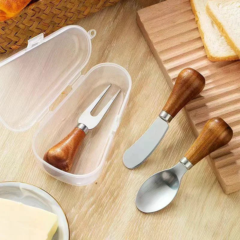 Stainless Steel Cheese Knives Cheese Fork Set Wooden Handle Butter Spatula Knife Cheese Spreader Jam Spreader Baking Tools Qme