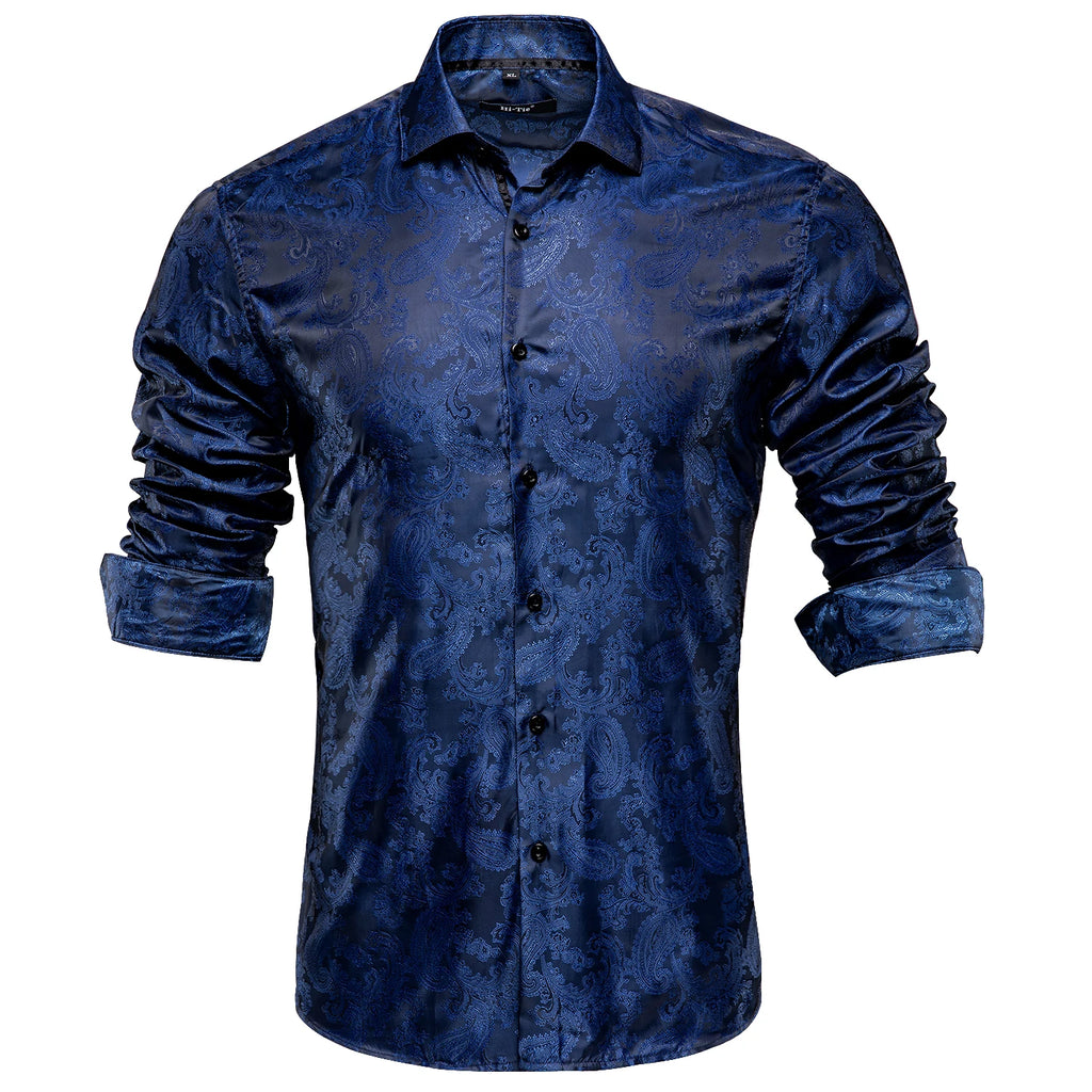 Hi-Tie Mens Shirts Silk Paisley Navy Blue Pink Black White Green Long Sleeve Lapel Shirt Casual Formal for Male Wedding Business Qme