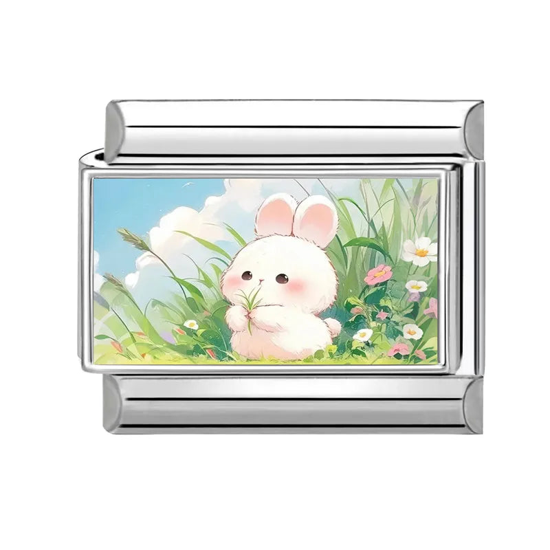 Y2K Pink Design Lovely Rabbits Tulip Flowers Strawberry Italian Charm Links 9mm Bracelets Bangle Stainless Steel DIY Making Gift Qme Style 11