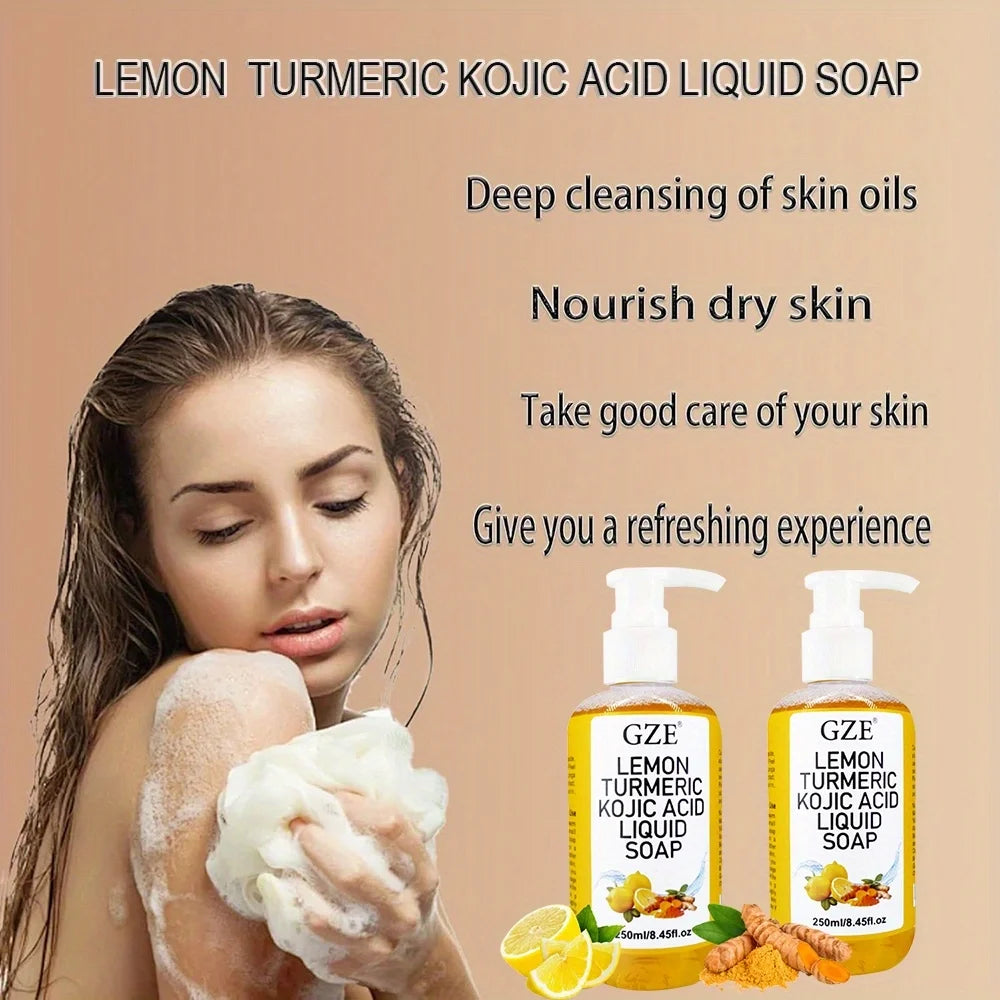 GZE Glow Lemon Turmeric Kojic Acid Liquid Soap - Gentle Exfoliating, Brightening, and Nourishing Skin Cleanser with Turmeric Qme