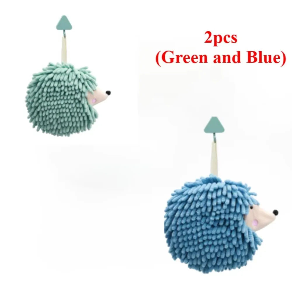 Chenille Fuzzy Ball Hand Towels Hedgehog Cartoon Towels Absorbent Funny Hanging Hand Drying Towel with Loop for Bathroom Kitchen Qme 2PCS(Green Blue)