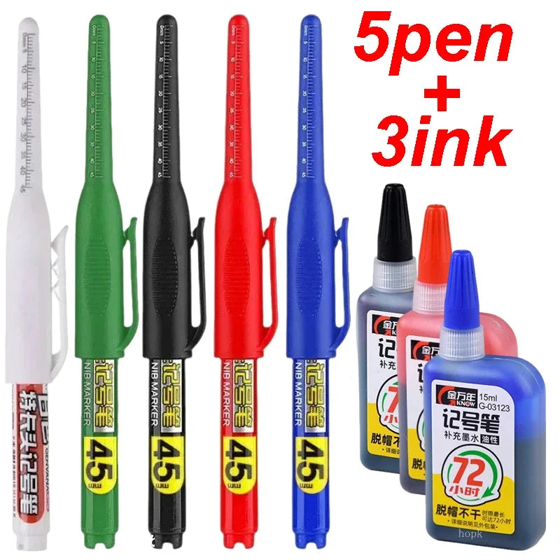 45mm Waterproof Long Head Nib Deep Hole Markers Pen Tile Carpenter Pen Multi-purpose for Woodworking Black/White/Red Ink Qme 5 pens 3 inks mix