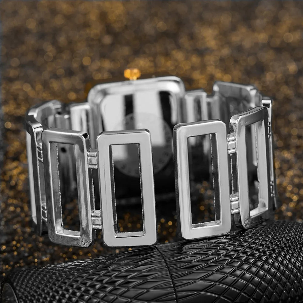 Cansnow Rectangle Ladies Watch Bracelet or Silver Bracelet Watches for Women with Hollow Stones and Quartz Fashion Clock Qme