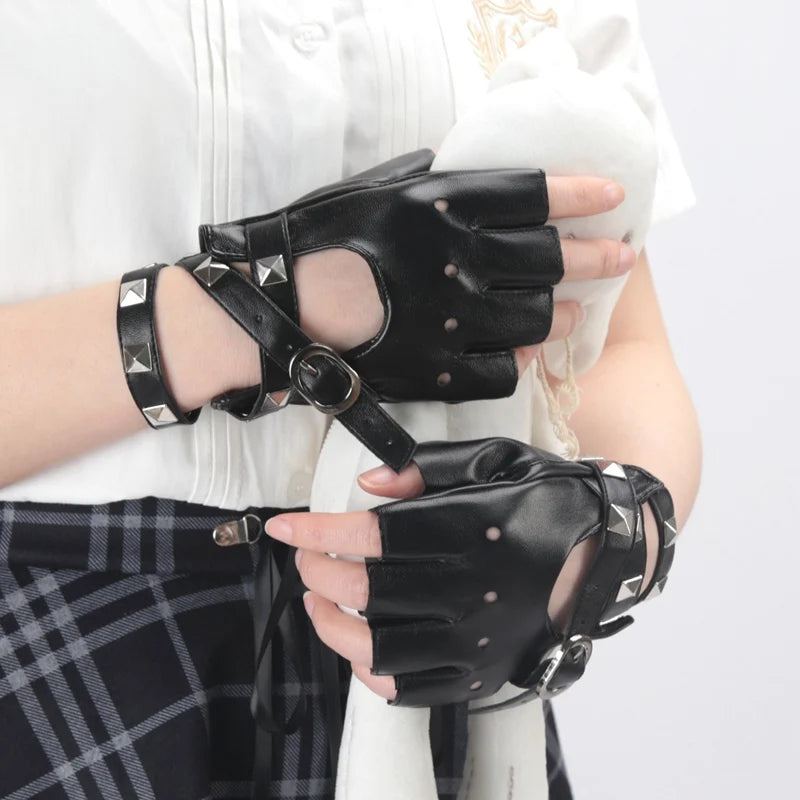 Black Sexy Bandage Rivet Gloves Personality Buckle Straps Punk Women Qme