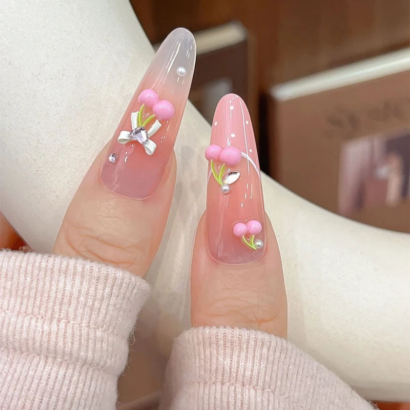 50pcs Pink Cherry Nail Charms, 3D Resin Cute Strawberry Fruit Nail Art Decorations, Flat Back Green Leaf Cherry DIY Manicure Qme
