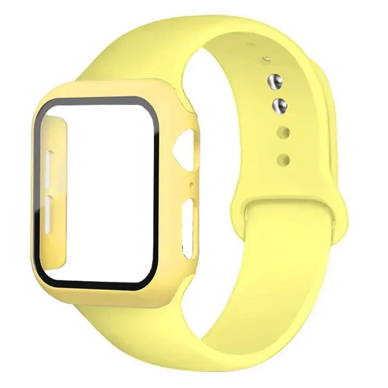 Glass+Case+Strap for Apple Watch Band 45mm 44mm 41mm 40mm 38mm 42mm Screen Protectors for Apple IWatch Series 9 8 7 6 SE 5 3 4 Qme Light-yellow 40mm