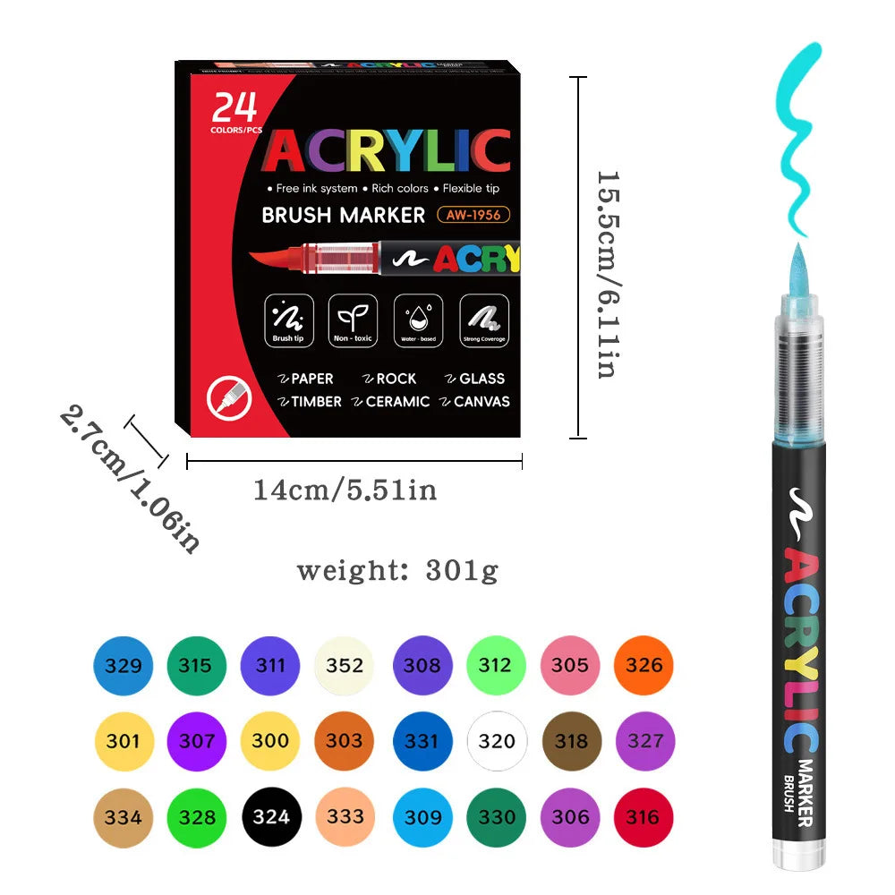 12-72 Colors Acrylic Paint Pen Marker Brush Tip Paint Marker For Rock Painting Wood Canvas Stone Christmas Gift DIY Craft Qme 24 colors
