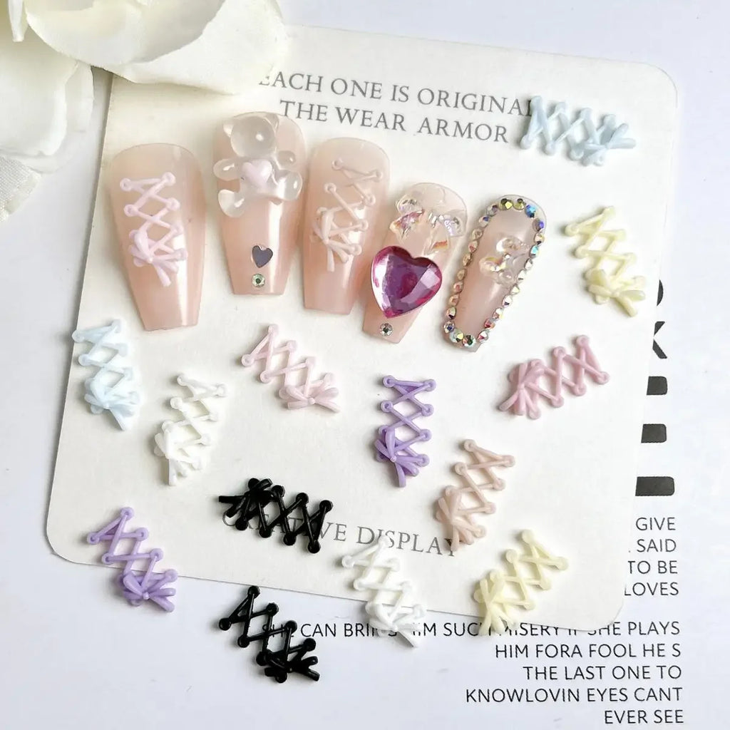 30PCS New Creative Shoelace Resin Nail Charms 3D Macaron Colored Bow Shoelace Nail Art Decorations for DIY French Nail Ornaments Qme