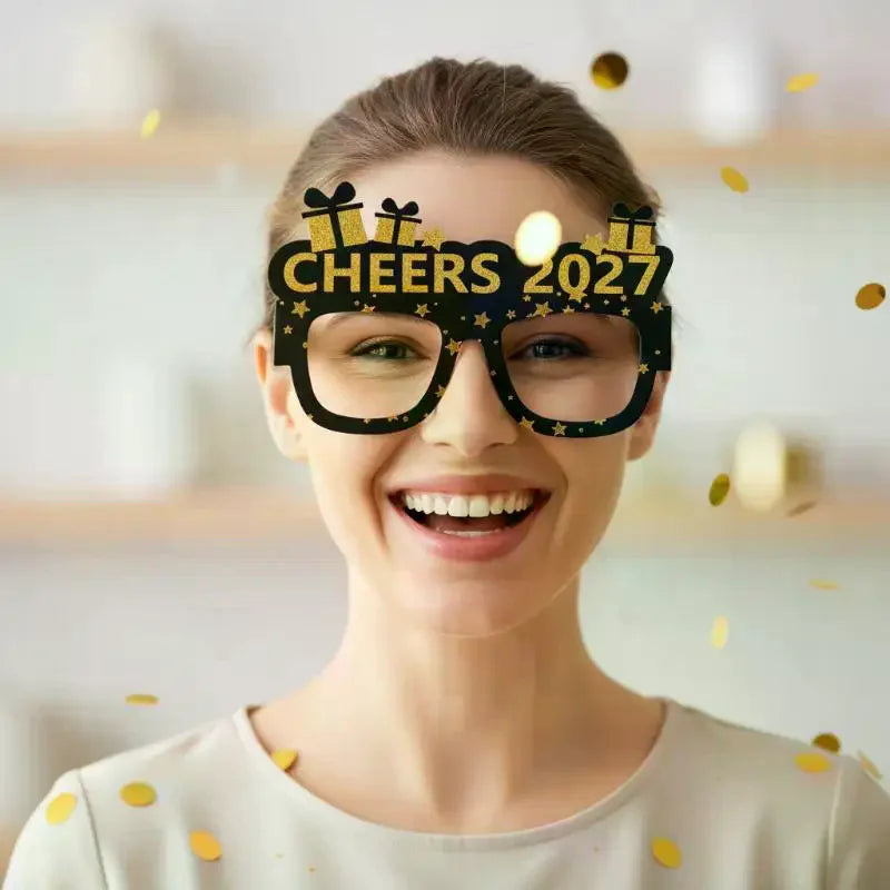 2027 Happy New Year Party Paper Glasses 8pcs Black Gold Glitter For New Years Eve Gatherings Photo Booth Props Qme