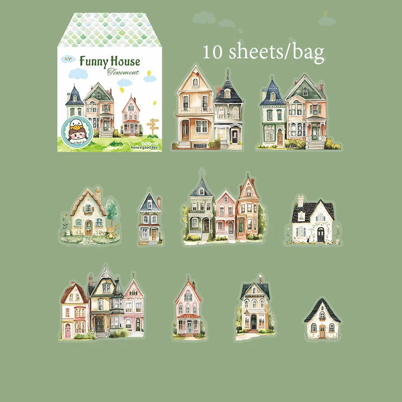 10 Sheets/Bag Lovely House Scene Stickers for Creative Scrapbook Journal Planner Office Stationery Phone Case Decoration Gift Qme 3