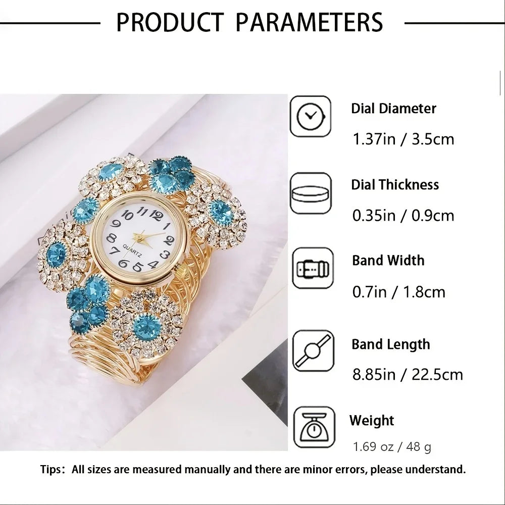 Rhinestone Flower Decor Quartz Bracelet Watch Boho Analog Cuff Bangle Dress Watch, Gift For Mother's Day Valentine's Day Qme