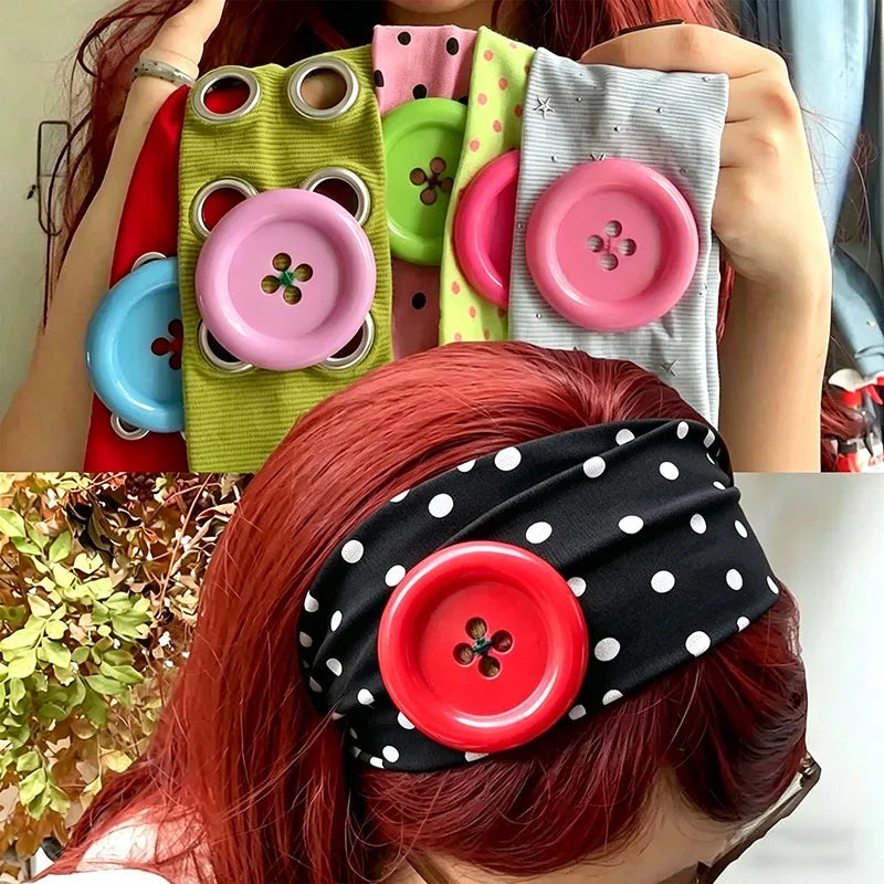 2026 Y2K Big Button Elastic Headband Sweet Cute Polka Dot Wide Yoga Hairband Dopamine Colorful Hair Accessories for Women Girls Qme