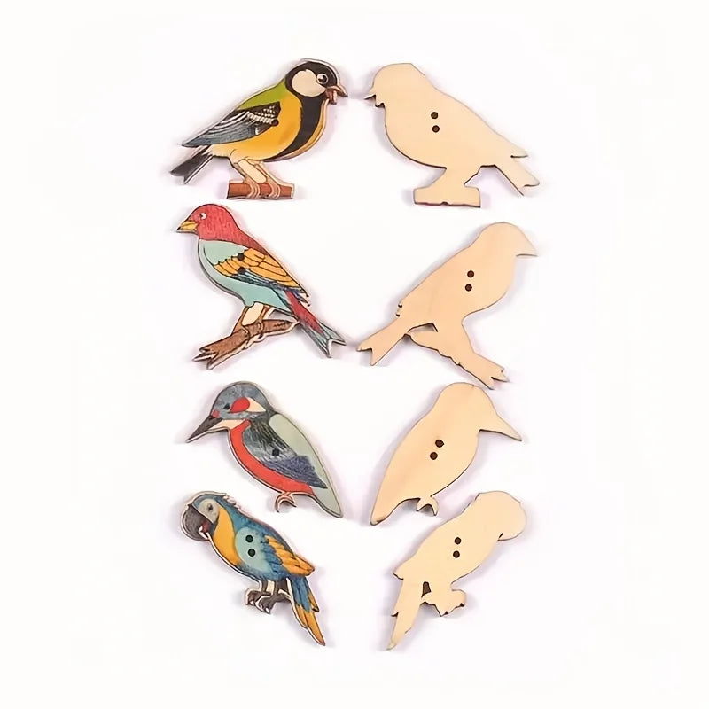 Vintage Bird-Shaped Wooden Buttons, Printed Wood Decorative Buttons For DIY Crafts Qme