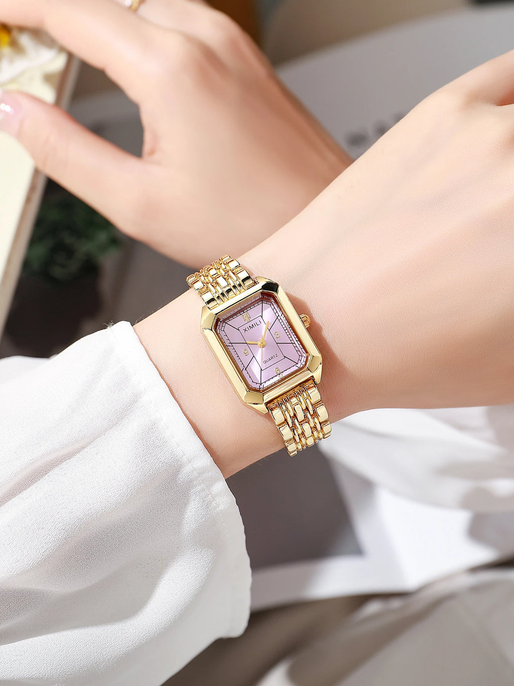 Golden rectangular steel strip quartz women's watch with diamond studded letters necklace bracelet earrings ring Mother's Day Qme