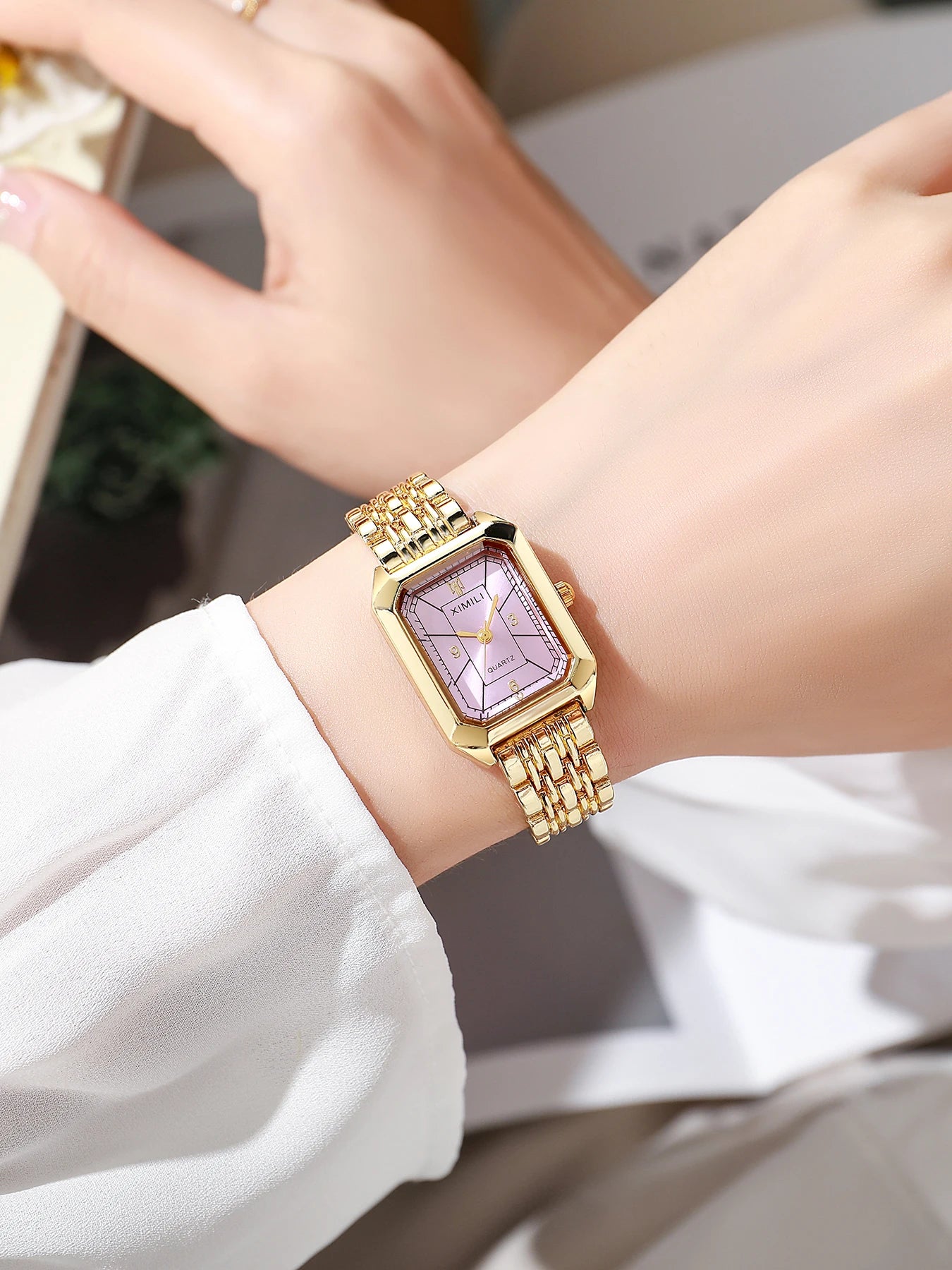 Golden rectangular steel strip quartz women's watch with diamond studded letters necklace bracelet earrings ring Mother's Day Qme