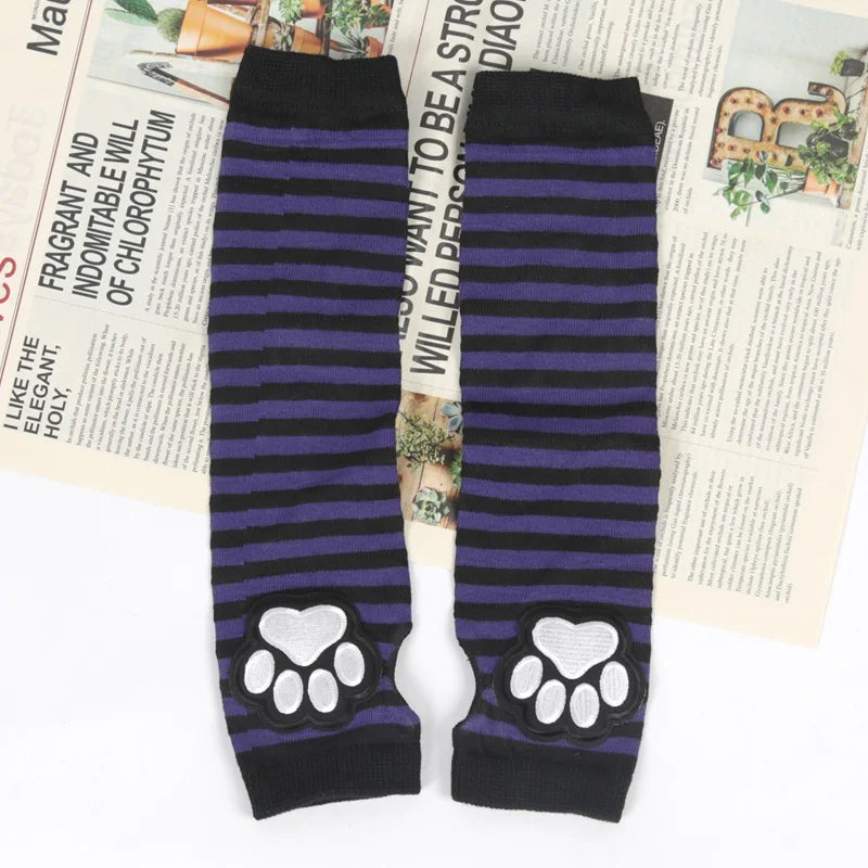 Unisex Black Fingerless Gloves Y2K Gothic Lolita Arm Cover Cute Cat Qme PURPLE
