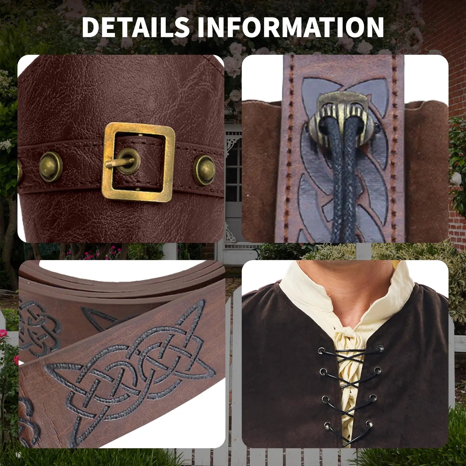 7PCS Mens Renaissance Costume Medieval Viking Outfit Pirate Shirt Pant Tunic Vest Belt Accessories for Halloween Qme