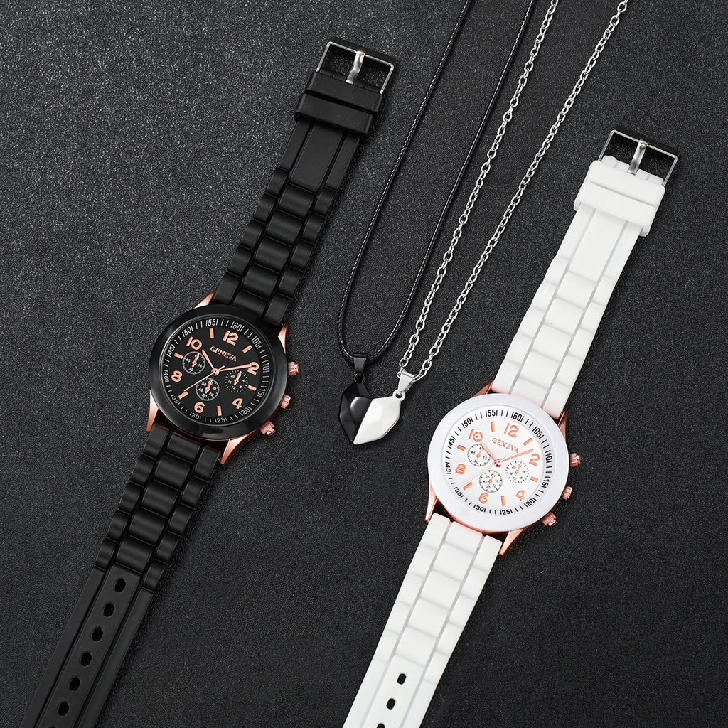 4 Pcs Fashion Couple Watches Casual Set Female Silicone Bracelet Male Wrist Watch Quartz Watch Female (Without Box) Qme