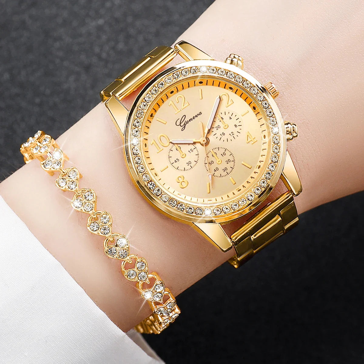 2PCS Women's Watch Fashion Rhinestone Ladies Analog Quartz Watches Bracelet Set Reloj Mujer Girls Clock Gift Qme