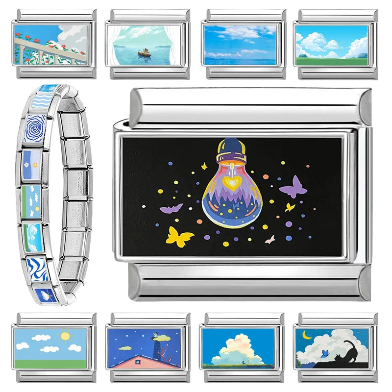 Original Design Light Bulb Sky Cloud Themed Italian Charm Bracelet Stainless Steel Jewelry Link Fit 9mm Bracelet Making DIY Bead Qme