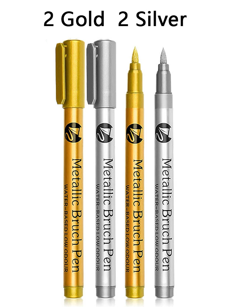 Metallic Paint Marker Pens, Brush Tips, Waterproof, Permanent Art Marker For Manga Crafts Scrapbooking Stationery Supplies Qme 2 Gold 2 Silver