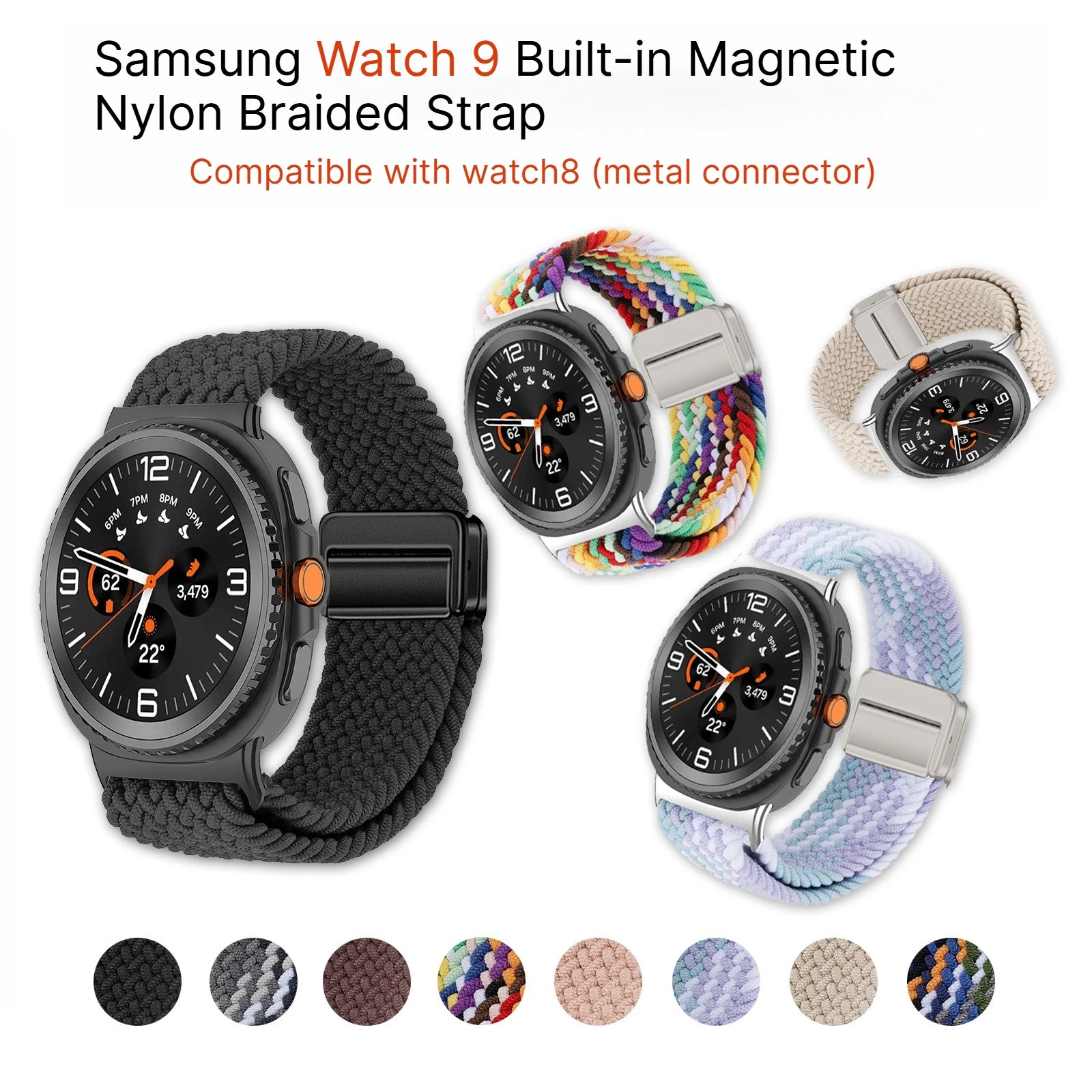 B Built-in Magnetic Nylon Braided Watch Strap For Samsung Galaxy Watch 8 Watch 9, Adjustable Breathable Sports Replacement Band Qme