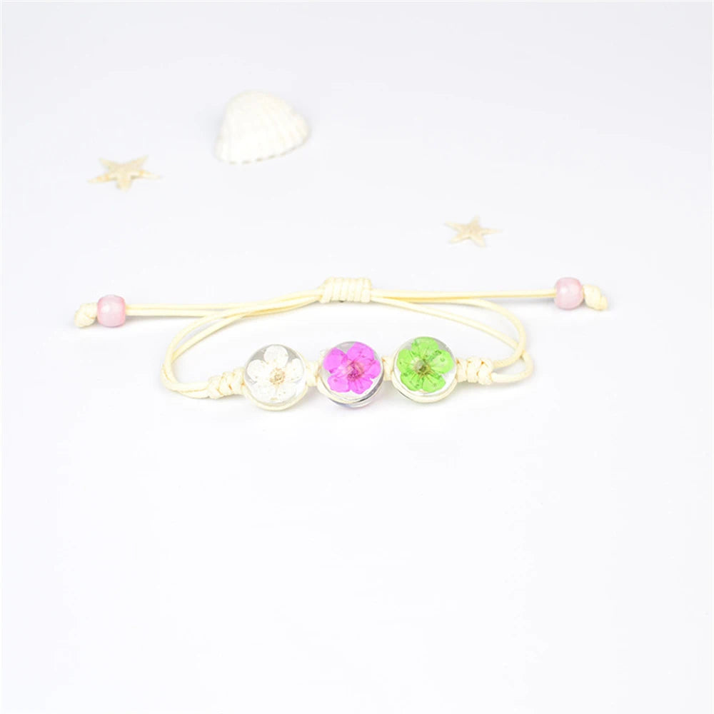 b22 Glass Ball Dried Cherry Blossoms Hand-made Dried Flower Charm Bracelets Multiple options Gifts Natural Flower Weave Jewelry Qme white P Red green