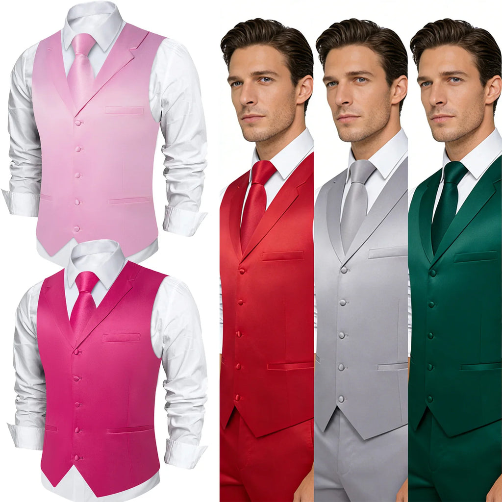 Men's Solid Suit Vest Tie Formal Waistcoat Matching Necktie Satin Qme